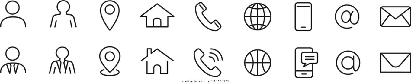 Business card, Contact information, Phone, Smartphone, Location, Address, Mail, Website, Man Woman line icon button, set vector illustration.