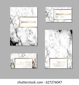Business card and cover template set. Elegant and abstract branding identity kit with marble texture and golden foil details. Vector design for decorators, artists, fashion bloggers, stylists and more