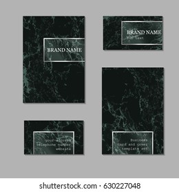 Business card and cover template set. Elegant and abstract branding identity kit with dark green marble texture and transparent gradient silver details. Graphic design vector template kit 