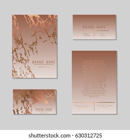 Business Card And Cover Template Set. Sophisticated, Elegant And Abstract Corporate Identity Kit With Marble Texture And Rose Gold Foil Details. Graphic Design Branding Vector Template Kit 