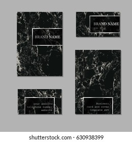 Business Card And Cover Template Set. Sophisticated, Elegant And Abstract Corporate Identity Kit With Black Marble Texture And Transparent Gradient Silver Details. Branding Vector Design