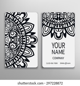 Business card, decorative mandala ornamental invitation collection. Hand drawn Islam, Arabic, Indian pattern. Black and white.