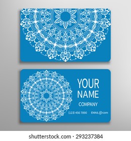 Business card, decorative ornamental invitation collection. Hand drawn Islam, Arabic, Indian pattern. Blue and white