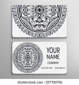 Business card, decorative ornamental invitation collection. Hand drawn Islam, Arabic, Indian pattern. Black and white.