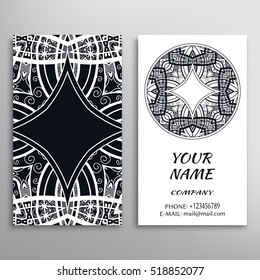 Business Card design. Abstract geometric pattern and line mandala round ornament. Vintage decorative elements for logo, icon, label, emblem. Graphic lace pattern, tribal ethnic arabic indian motif