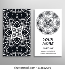 Business Card design. Abstract geometric pattern and line mandala round ornament. Vintage decorative elements for logo, icon, label, emblem. Graphic lace pattern, tribal ethnic arabic indian motif