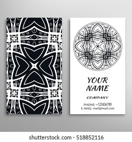 Business Card design. Abstract geometric pattern and line mandala round ornament. Vintage decorative elements for logo, icon, label, emblem. Graphic lace pattern, tribal ethnic arabic indian motif