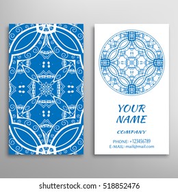 Business Card design. Abstract geometric pattern and line mandala round ornament. Vintage decorative elements for logo, icon, label, emblem. Graphic lace pattern, tribal ethnic arabic indian motif