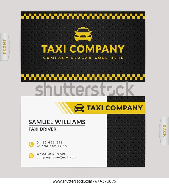 Business card design in\
black, white and yellow colors. Vector template for taxi company\
and taxi driver.
