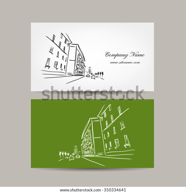 Business card design with cityscape sketch.\
Vector illustration