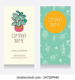 Business Card Design With Cute Potted Plants, Cartoon Style, Vector Illustration