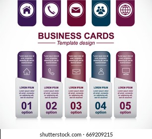 Business card design. Dark colors template with icons. Vector illustration.