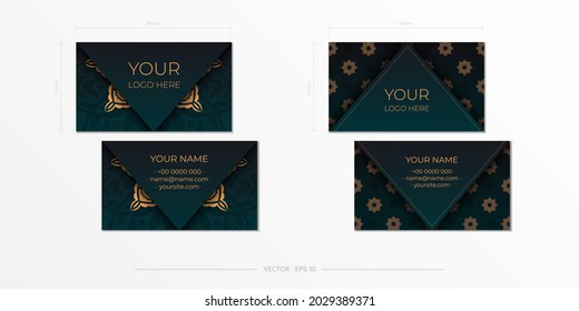 Business card design in dark green color with luxurious patterns. Stylish presentable business cards with vintage ornament.