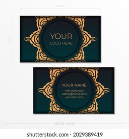 Business card design in dark green color with luxurious ornaments. Stylish presentable business cards with vintage patterns.