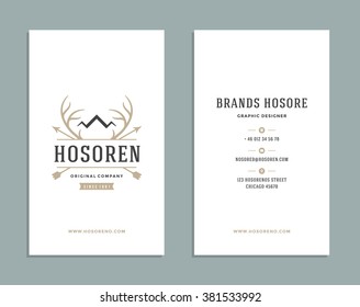 Business Card Design and Deer Horns Crown Logo Template. Vector Design Element Vintage Style for Logotype, Label, Badge, Emblem. Hunters Logo, Royal Deer Symbol, Retro Logo, Business Card Template.