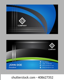 Business card with design elements on blue background
