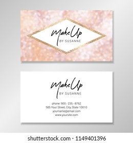 Business card design with geometric shapes, sparkly blurred bokeh background and faux rose gold foil.Vector modern customizable business card. Easy to customize with your own text.