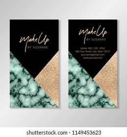 Business card design with geometric shapes, green marble texture and faux gold foil.Vector modern customizable business card. Easy to customize with your own text.