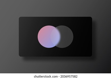Business card design with glassmorphism effect. Transparent glass plate on gradient circle at black card with shadow. Frosted acrylic or matte plexiglass effect. Realistic glass morphism. Vector.