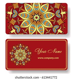 Business card design. Invitation, business card or banner with text template. Round floral vector ornament. Lace. National pattern. Islam, Arabic, Indian, turkish, pakistan, chinese, ottoman motifs.