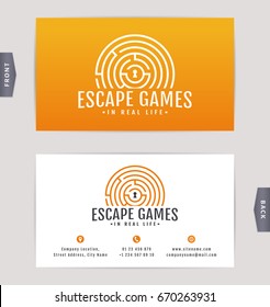 Business card design with labyrinth. Vector template for escape games and quest rooms.