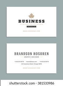 Business Card Design and Maple Leaf Logo Template. Vector Design Element Vintage Style for Logotype, Label, Badge, Emblem. Frame Logo, Maple Symbol, Retro Logo, Business Card Template.