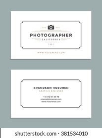 Business Card Design and Photographer Logo Template. Vector Design Element Vintage Style for Logotype, Label, Badge, Emblem. Photography Logo, Photo Logo, Photo Studio Logo, Business Card Template.