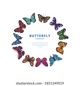 Business card design or poster background for social media with circle frame of colorful tropical butterflies, flat vector illustration on white background.