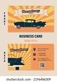 Business card design in retro style. Stylish vector template for taxi company.