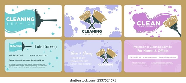 Juego de diseño de tarjeta de visita para el servicio de limpieza. Colección de marca de la empresa de mantenimiento de la casa con elementos planos, ilustración vectorial. Publicidad sobre limpieza en casa y oficina, identidad creativa