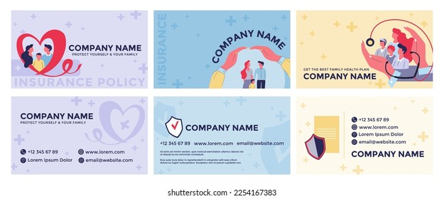 Business card design set for health insurance. Corporate company card with flat family people character get clinical policy, vector illustration. Healthcare advertising at graphic design collection