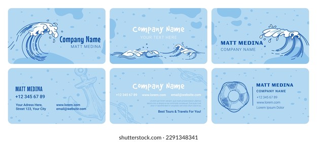 Business card design set with line waves decoration. Travel company branding element collection with ocean landscape, vector illustration. Seascape nature at corporate paper