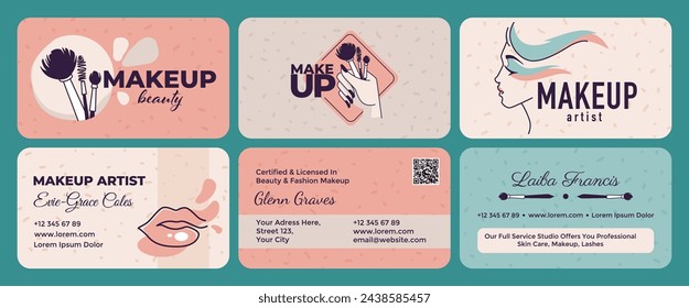 Business card design set for makeup artist. Template element with spa salon worker contacts, vector illustration. Makeup brushes, line girl face at graphic design collection