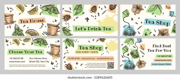 Business card design set for tea house branding. Decorative element collection with handdrawn tea cup, lemon and plants, vector illustration. Store advertising with contacts