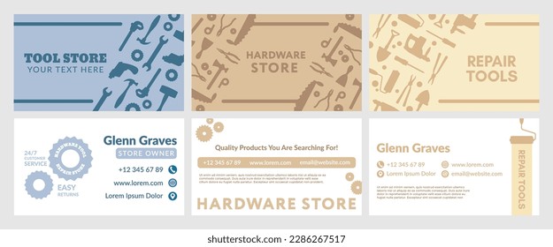 Business card design set for tool store advertising. Template company identity collection for hardware shop, vector illustration. Repair equipment silhouette with contacts, corporate element