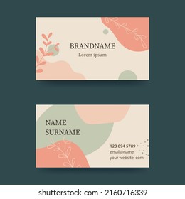 Business card design in soft pastel colors. Modern concept with liquid, drops, brush, flowers, leaves, lines. Pink and green tones. Vector