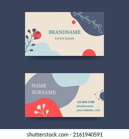 Business card design in soft pastel colors. Modern concept with liquid, drops, brush, flowers, leaves, lines. Shades of red and blue. Vector illustration