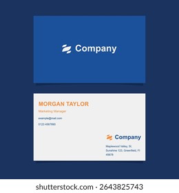 Business card design template in blue, orange, and white color with simple and minimalist style