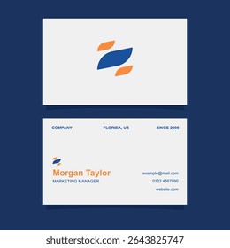 Business card design template in blue, orange, and white color with simple and minimalist style