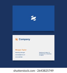 Business card design template in blue, orange, and white color with simple and minimalist style