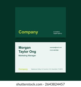 Business card design template in dark green, lime color, and white color with minimalist style