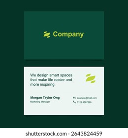 Business card design template in dark green, lime color, and white color with minimalist style