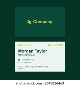 Business card design template in dark green, lime color, and white color with minimalist style