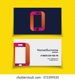 Business card design template with phone logo on yellow background use for mobile store, mobile shop, phone service and repair. Perfect for your business design. Vector Illustration