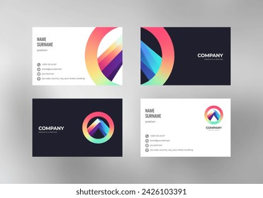 Business card design template with round rainbow logo and colored dark background, icons for contact information