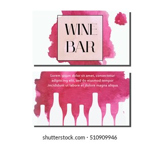 Business card design template. Vector flyer. Artistic banners for wine bar, wine shop with watercolor splash and bottles