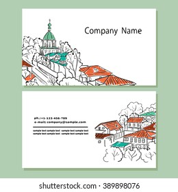 Business card design templates with sketch cityscape. Vector. 