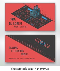 Business Card For Dj Or Music Studio, Night Club. Vector Template. Dj Control Surface Isometric Illustration.