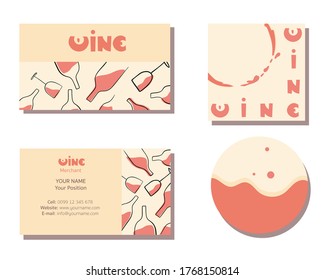 business card, drop stop, small square card for wine business solutions in pink and beige color with hand drawn bottles and glasses as visual identity - flat vector illustration