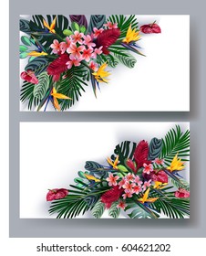 Business card with elements of tropical flowers and leaves